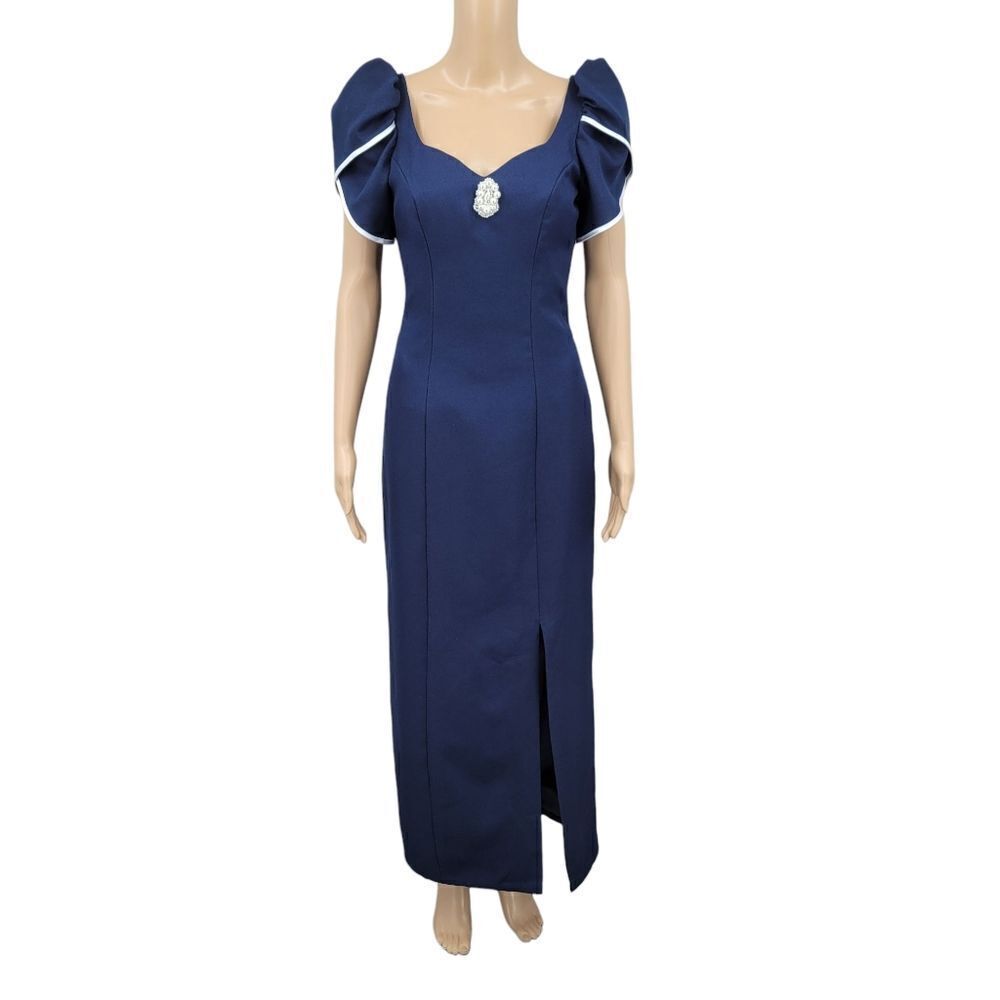 Alfred Angelo Dream Maker Vintage 80s Navy Blue Evening Dress Puffed Sleeves